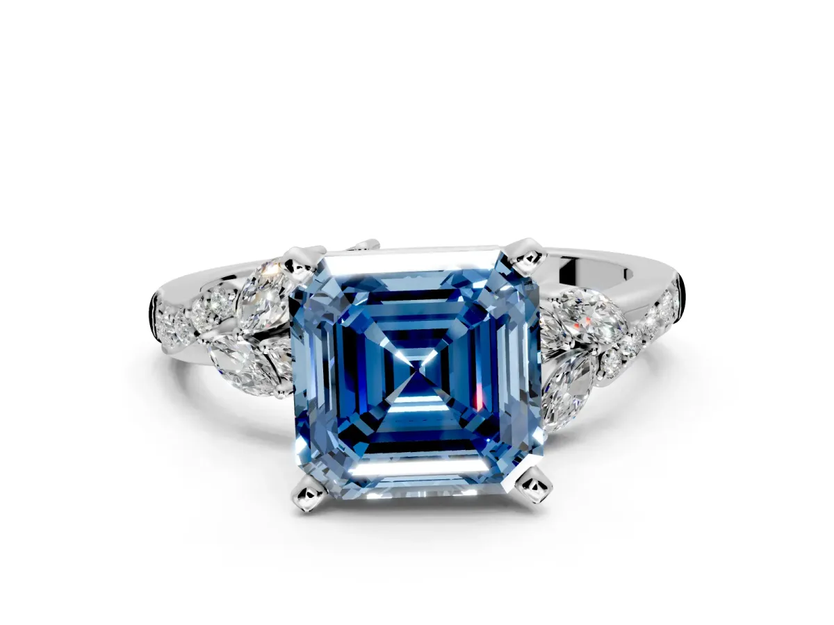 Solitaire Engagement Ring Setting for Fancy Blue Asscher Cut Center with Marquise Accent Twist Band and Prong Head in Platinum