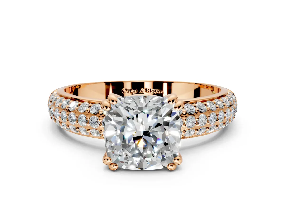 Solitaire Engagement Ring Setting for Cushion Cut Center with Multi-Row Pave Accents and Basket Head in Rose Gold