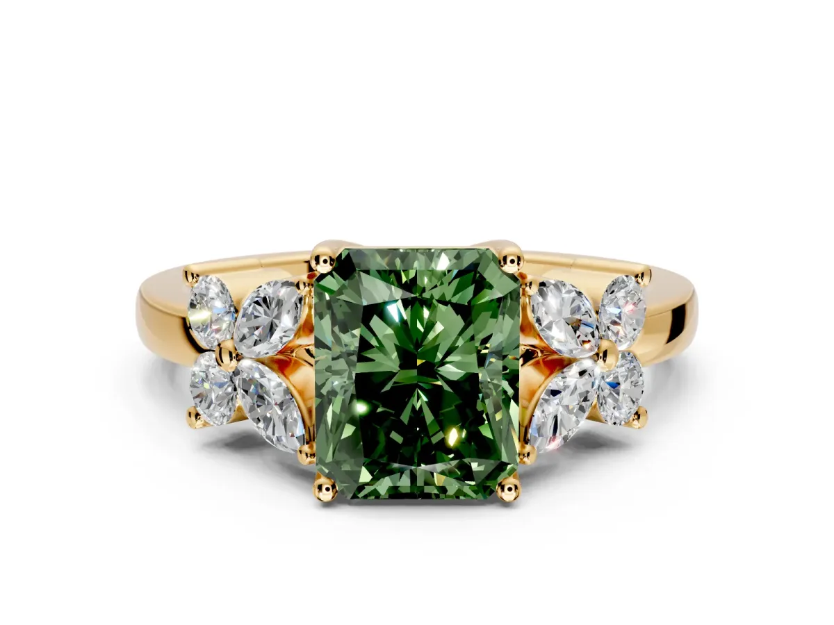 Floral Engagement Ring Setting for Fancy Green Radiant Cut Center with Marquise Cluster Shoulders and Prong Head in Yellow Gold