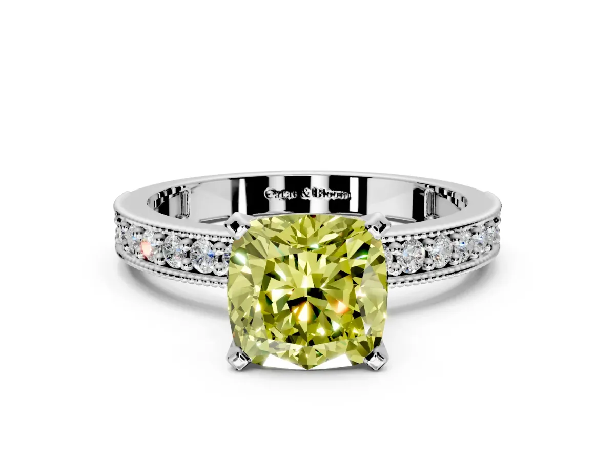 Milgrain Pave Engagement Ring Setting for Fancy Yellow Cushion Cut Center with Accent Band and Prong Head in Platinum