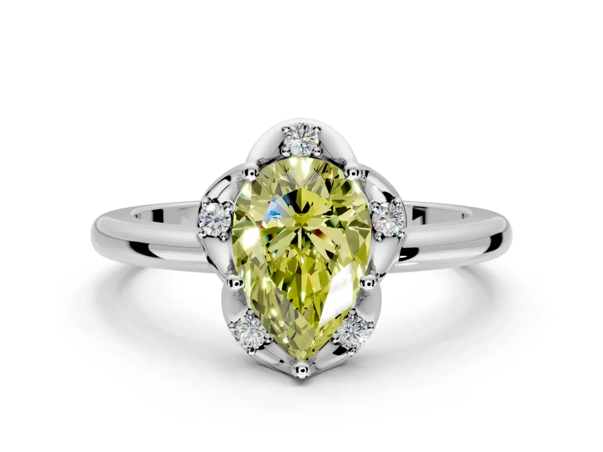 Floral Frame Engagement Ring Setting for Fancy Yellow Pear-Shaped Center with Accent Clusters and Prong Head in Sterling Silver