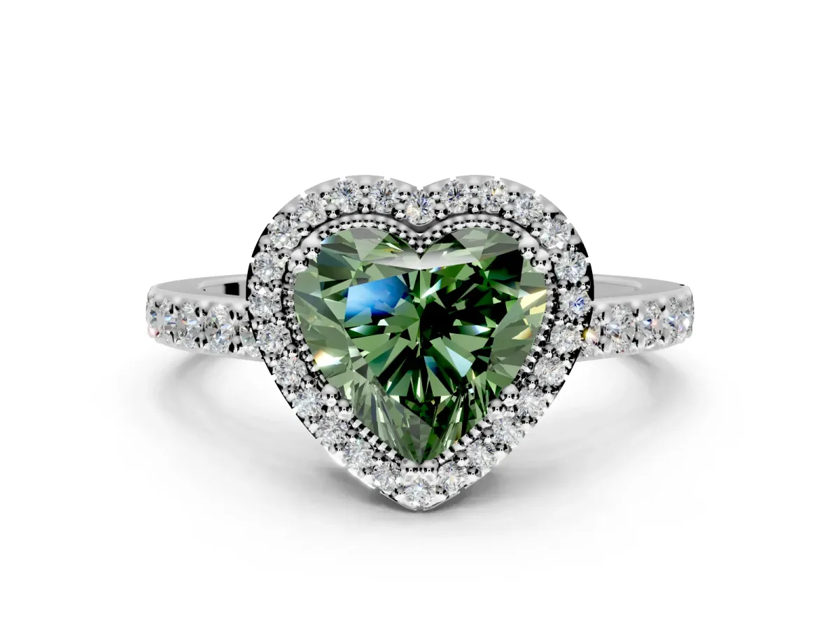 Halo Engagement Ring Setting for Fancy Green Heart-Shaped Center with Inner Milgrain Border and Prong Head in Platinum