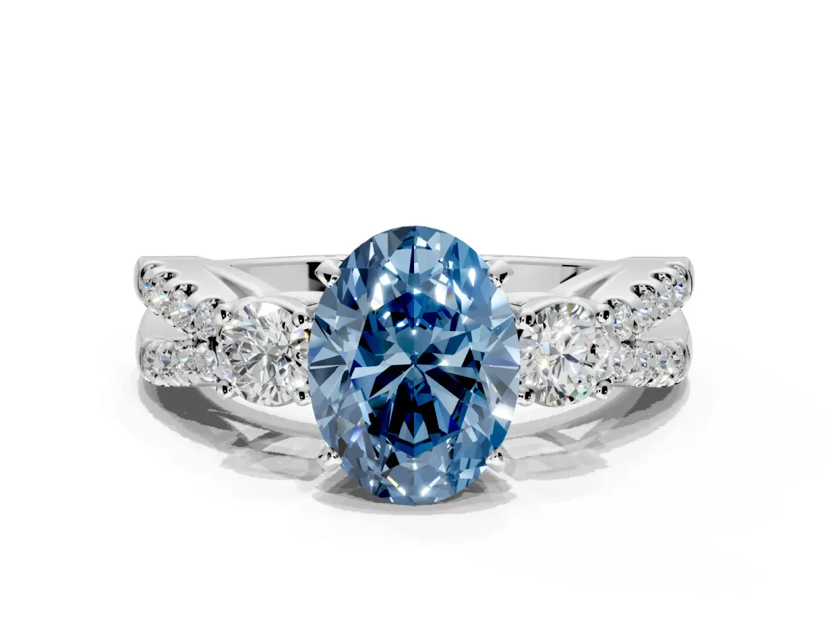 3 Stone Engagement Ring Setting for Fancy Blue Oval Center with Pave Split Shank and Prong Head in Platinum
