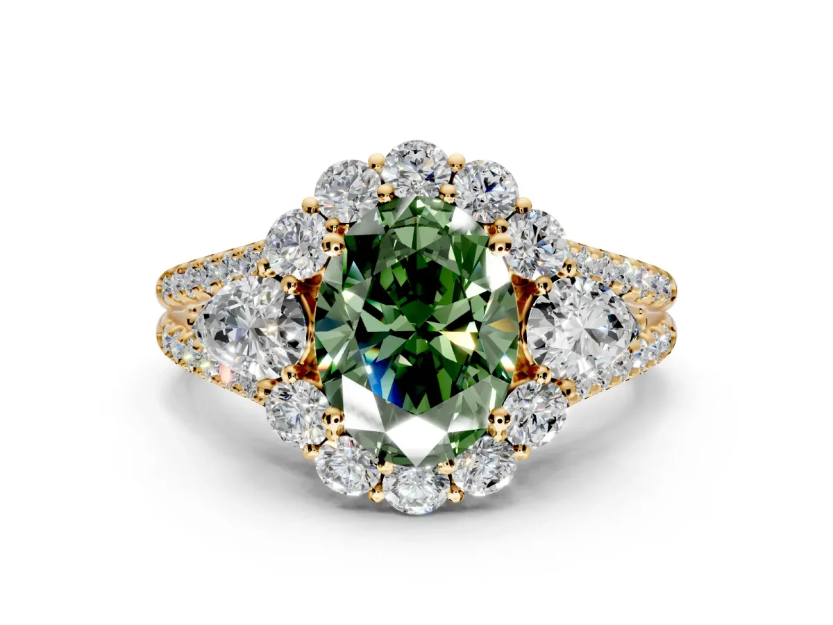 Halo Engagement Ring Setting for Fancy Green Oval Center with Two-Strand Split Shank and Prong Head in Yellow Gold