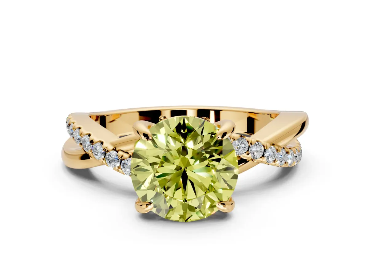Solitaire Engagement Ring Setting for Fancy Yellow Round Cut Center with Half-Pave Crossover Band and Prong Head in Yellow Gold