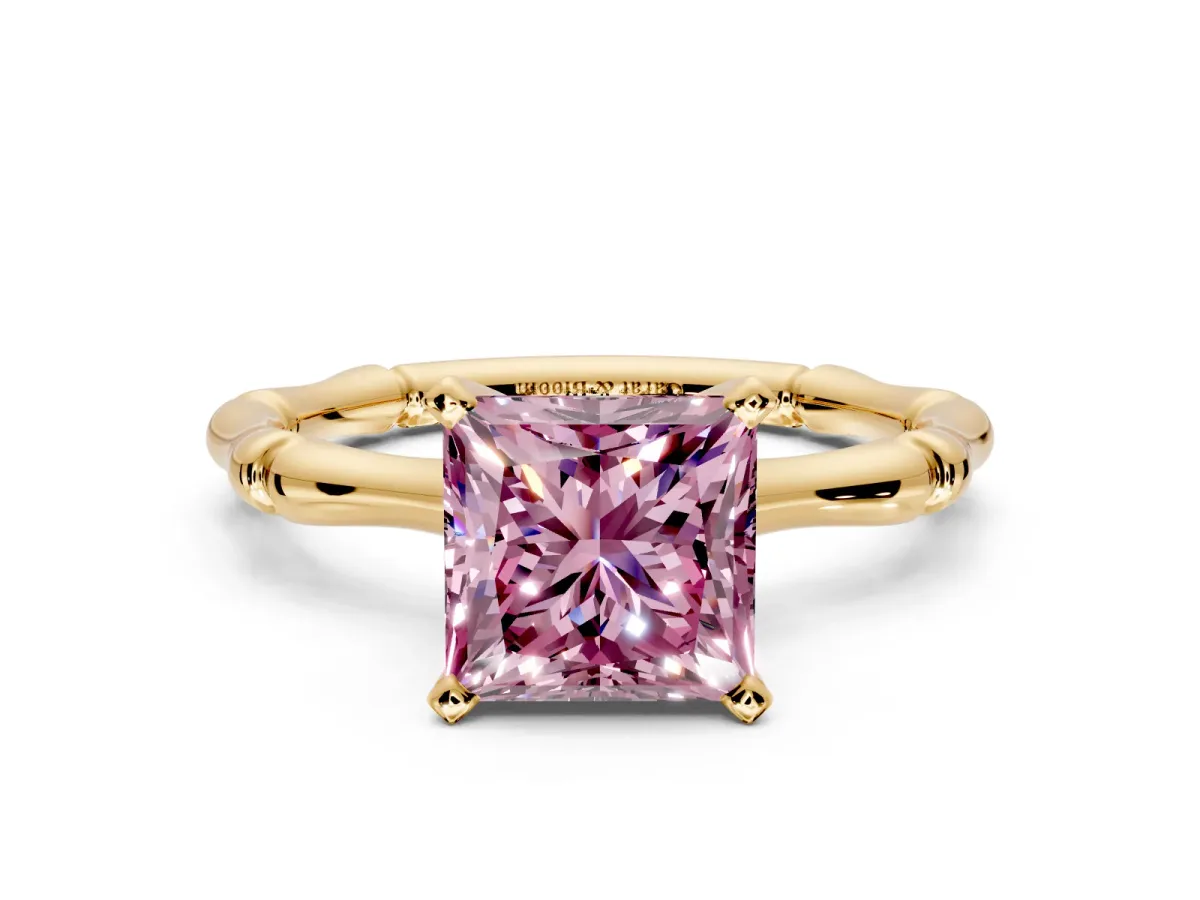 Solitaire Engagement Ring Setting for Fancy Pink Princess Cut Center with Bamboo Band and Prong Head in Yellow Gold