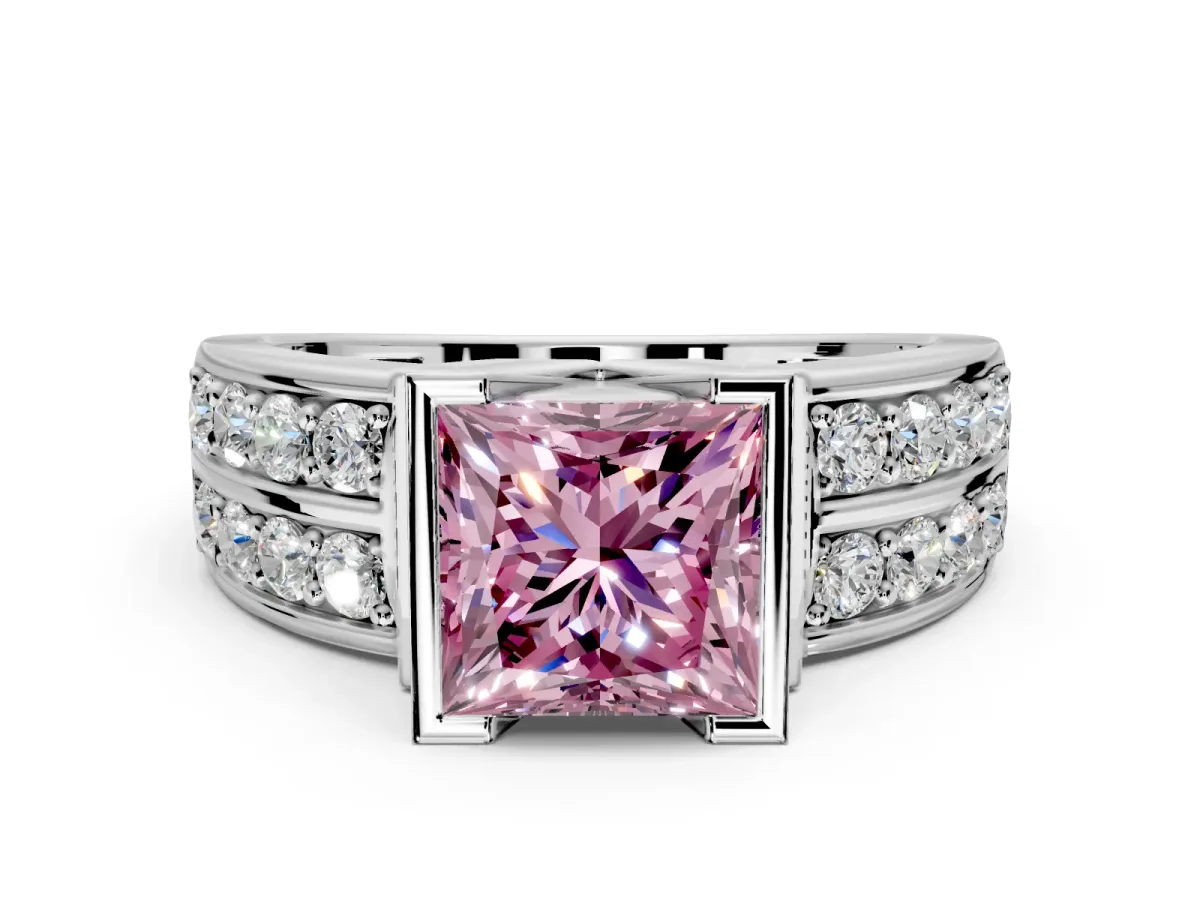 Bezel Engagement Ring Setting for Fancy Pink Princess Cut Center with Wide Channel-Set Band and Bezel Head in Platinum