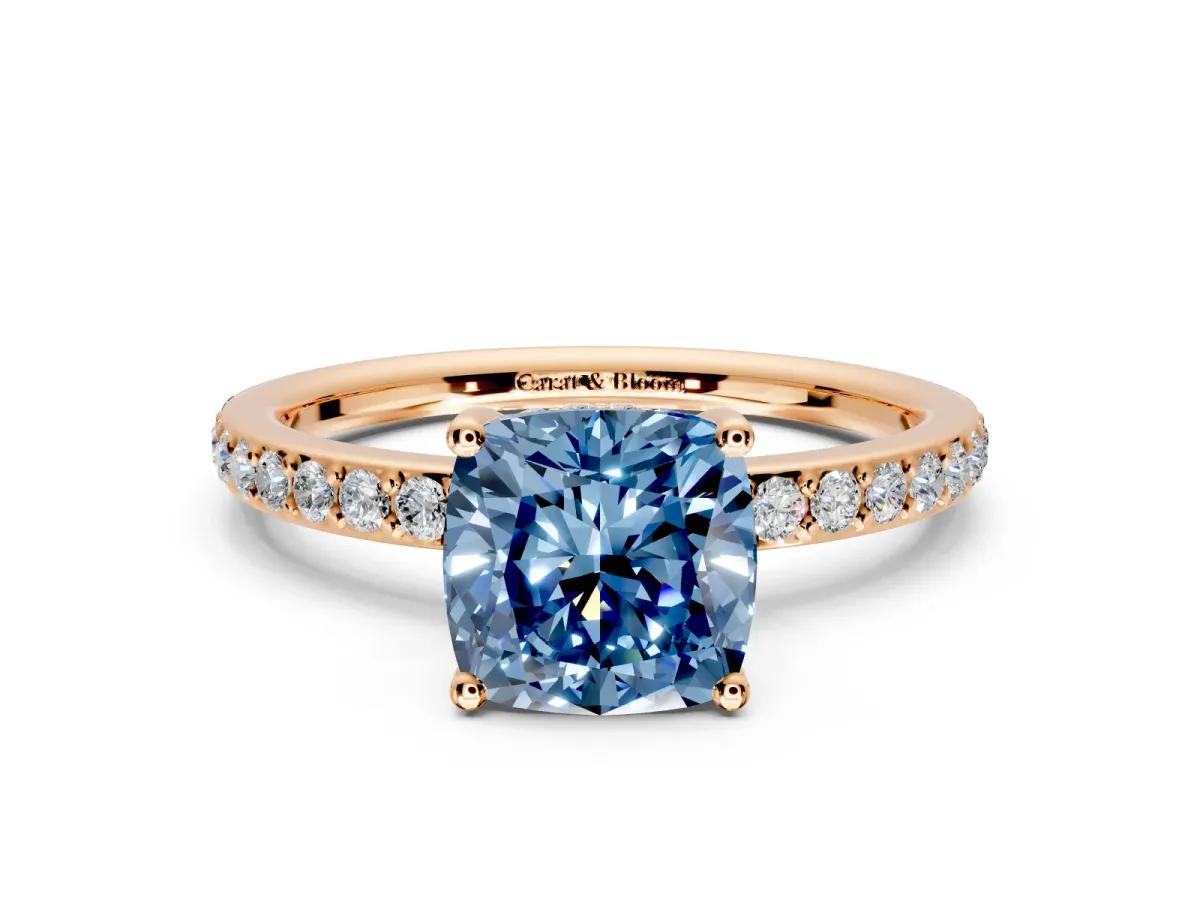 Solitaire Engagement Ring Setting for Fancy Blue Cushion Cut Center with Fine Pave Band and Prong Head in Rose Gold