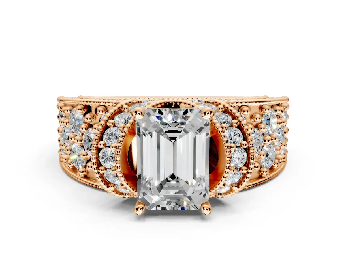 Pave Engagement Ring Setting for Emerald Cut Center with Curved Accent Rows, Openwork and Prong Head in Rose Gold
