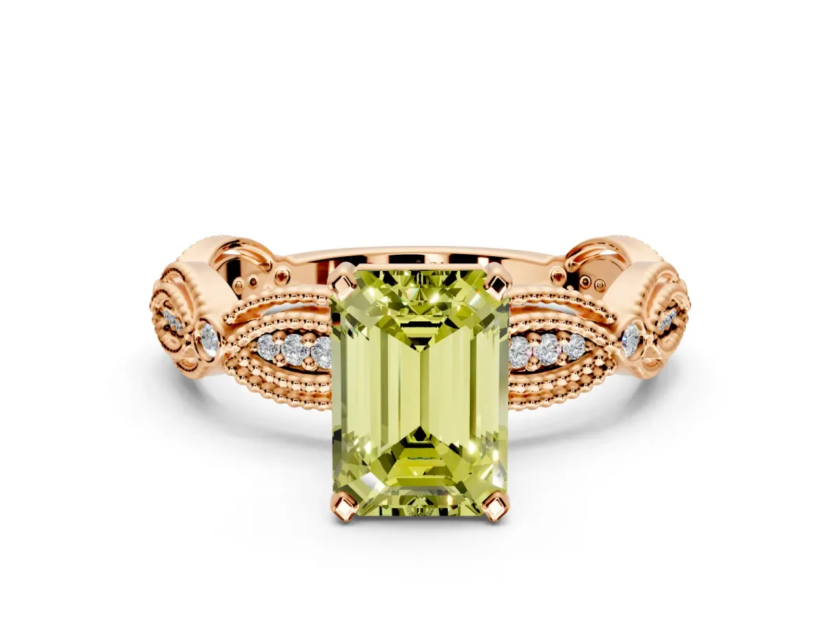 Solitaire Engagement Ring Setting for Fancy Yellow Emerald Cut Center with Marquise Panel Band and Prong Head in Rose Gold