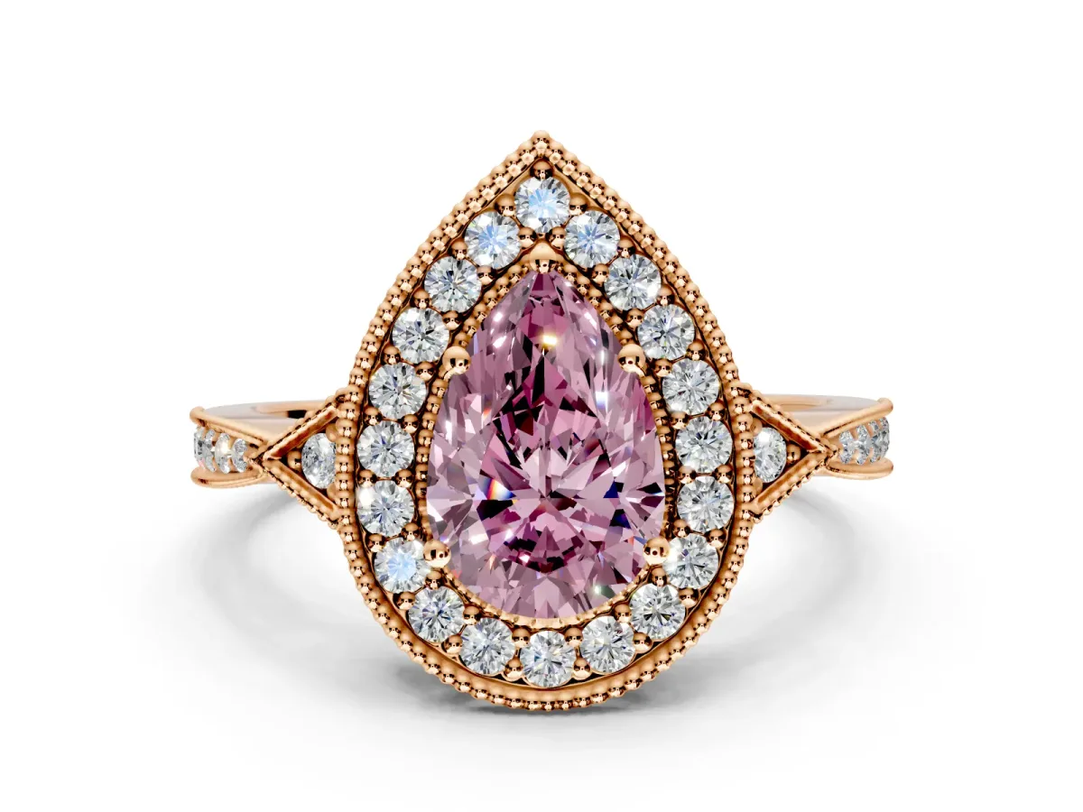 Halo Engagement Ring Setting for Fancy Pink Pear-Shaped Center with Milgrain Rim, Pave Band and Prong Head in Rose Gold