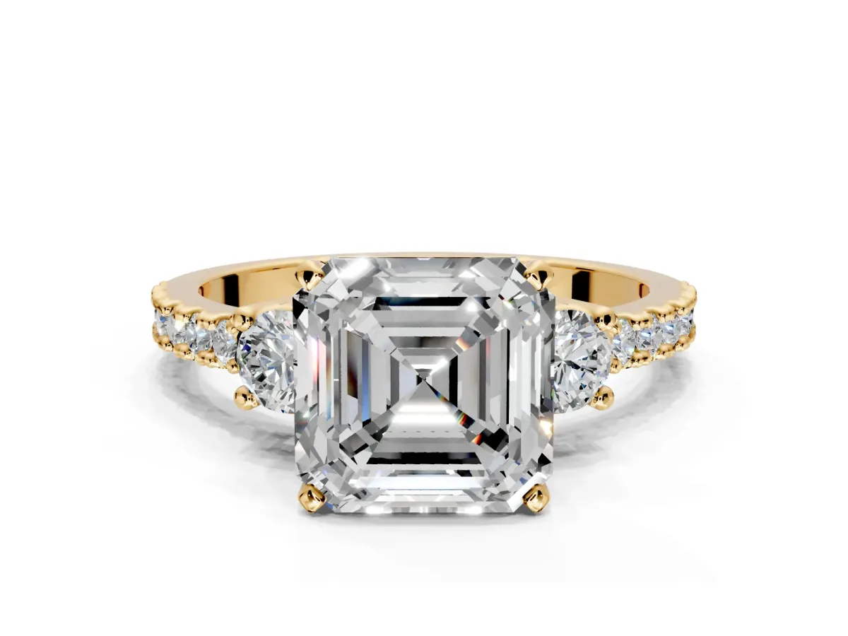 3 Stone Engagement Ring Setting for Asscher Cut Center with Round Cut Side Accents and Prong Head in Yellow Gold