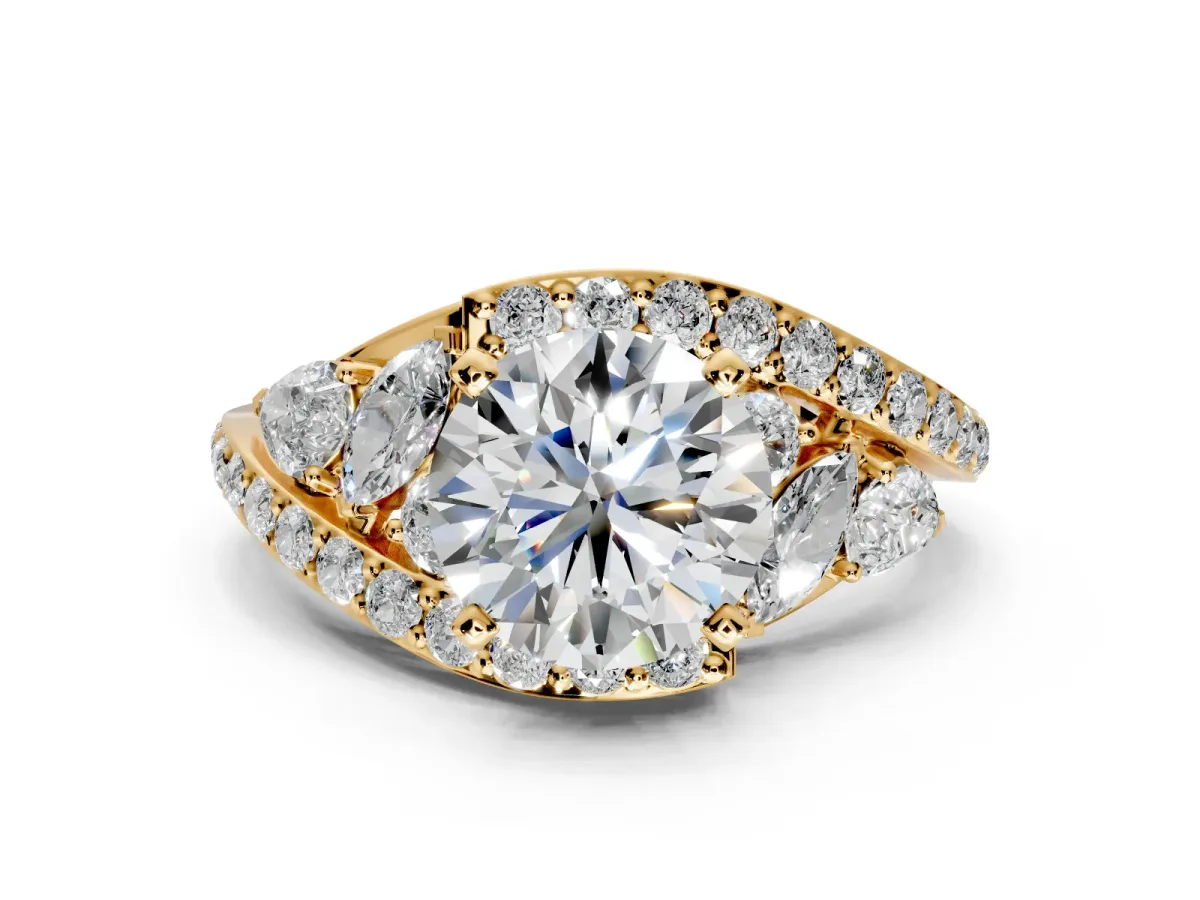 Halo Engagement Ring Setting for Round Cut Center with Marquise and Pave Bypass Band and Prong Head in Yellow Gold