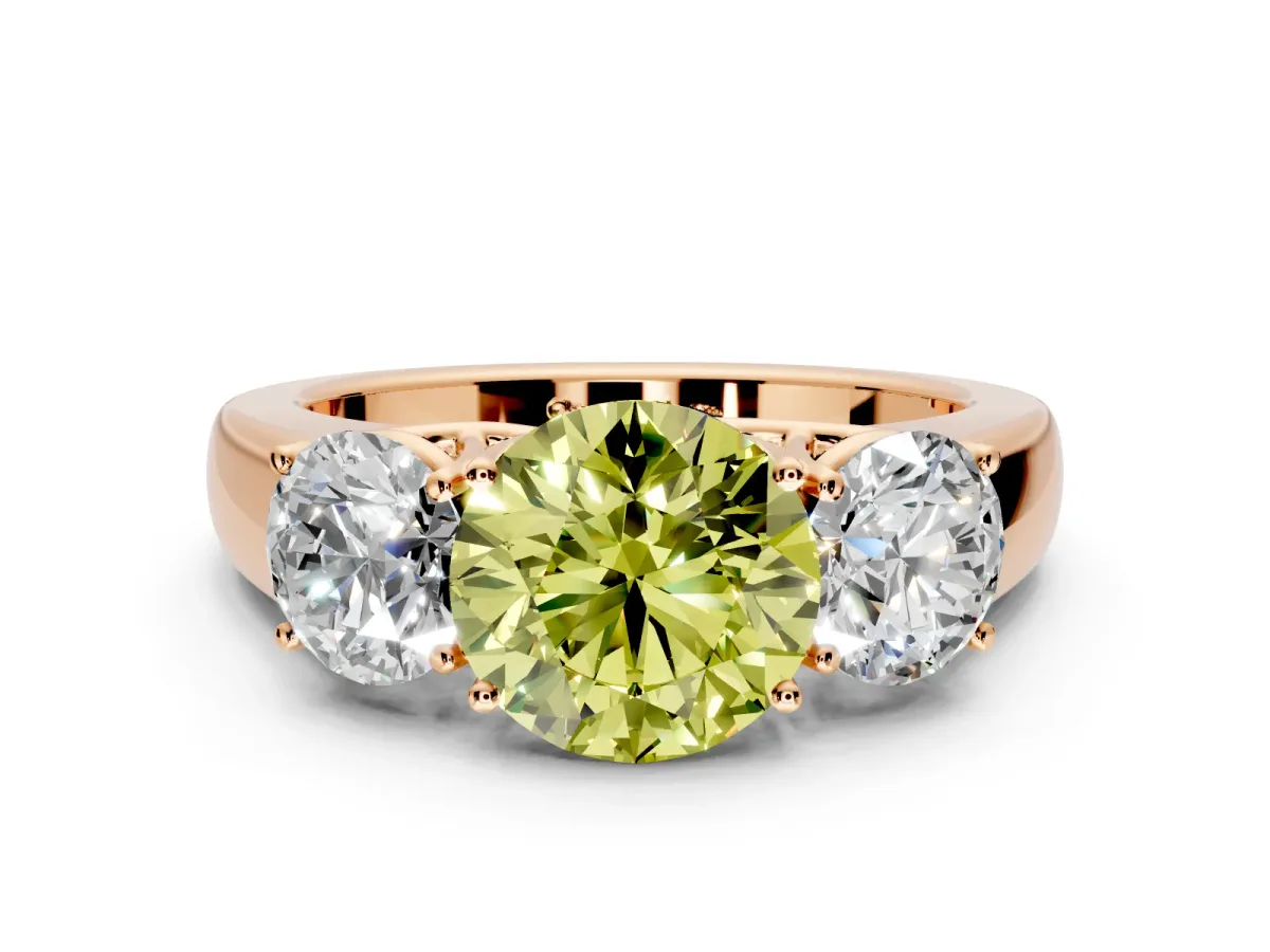 3 Stone Engagement Ring Setting for Fancy Yellow Round Cut Center with Raised Basket Heads and Prong Head in Rose Gold