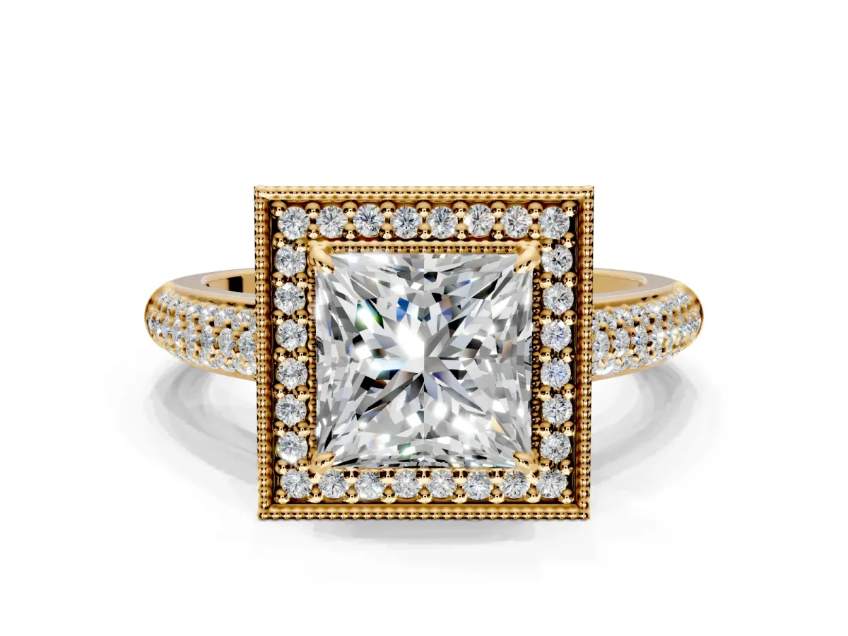 Milgrain Halo Engagement Ring Setting for Princess Cut Center with Three-Sided Pave Band and Prong Head in Yellow Gold