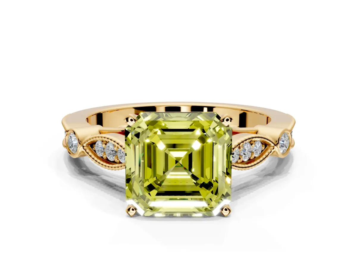 Solitaire Engagement Ring Setting for Fancy Yellow Asscher Cut Center with Marquise and Bezel Accents and Prong Head in Yellow Gold