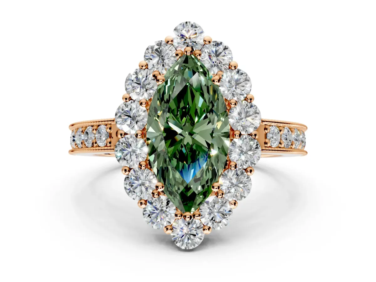 Halo Engagement Ring Setting for Fancy Green Marquise Center with Milgrain Channel Band and Prong Head in Rose Gold