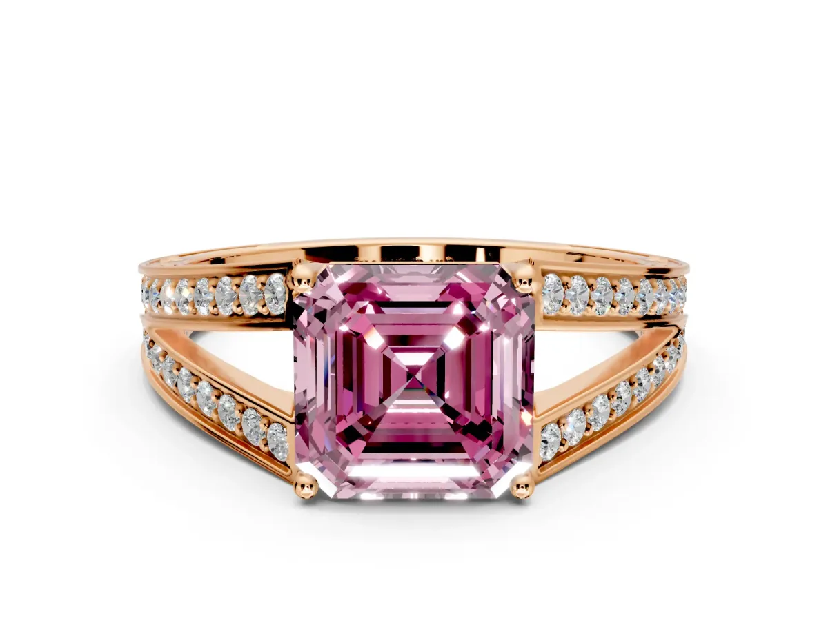 Split Shank Engagement Ring Setting for Fancy Pink Asscher Cut Center with Pave Split Shank and Prong Head in Rose Gold