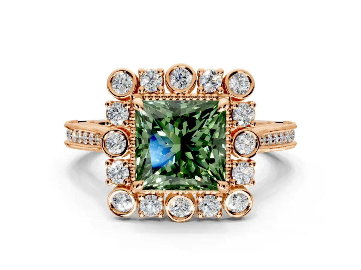 Milgrain Halo Engagement Ring Setting for Fancy Green Princess Cut Center with Bezel Point Accents and Prong Head in Rose Gold