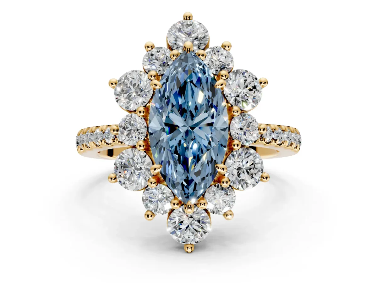 Floral Halo Engagement Ring Setting for Fancy Blue Marquise Center with Pave Accents and Prong Head in Yellow Gold