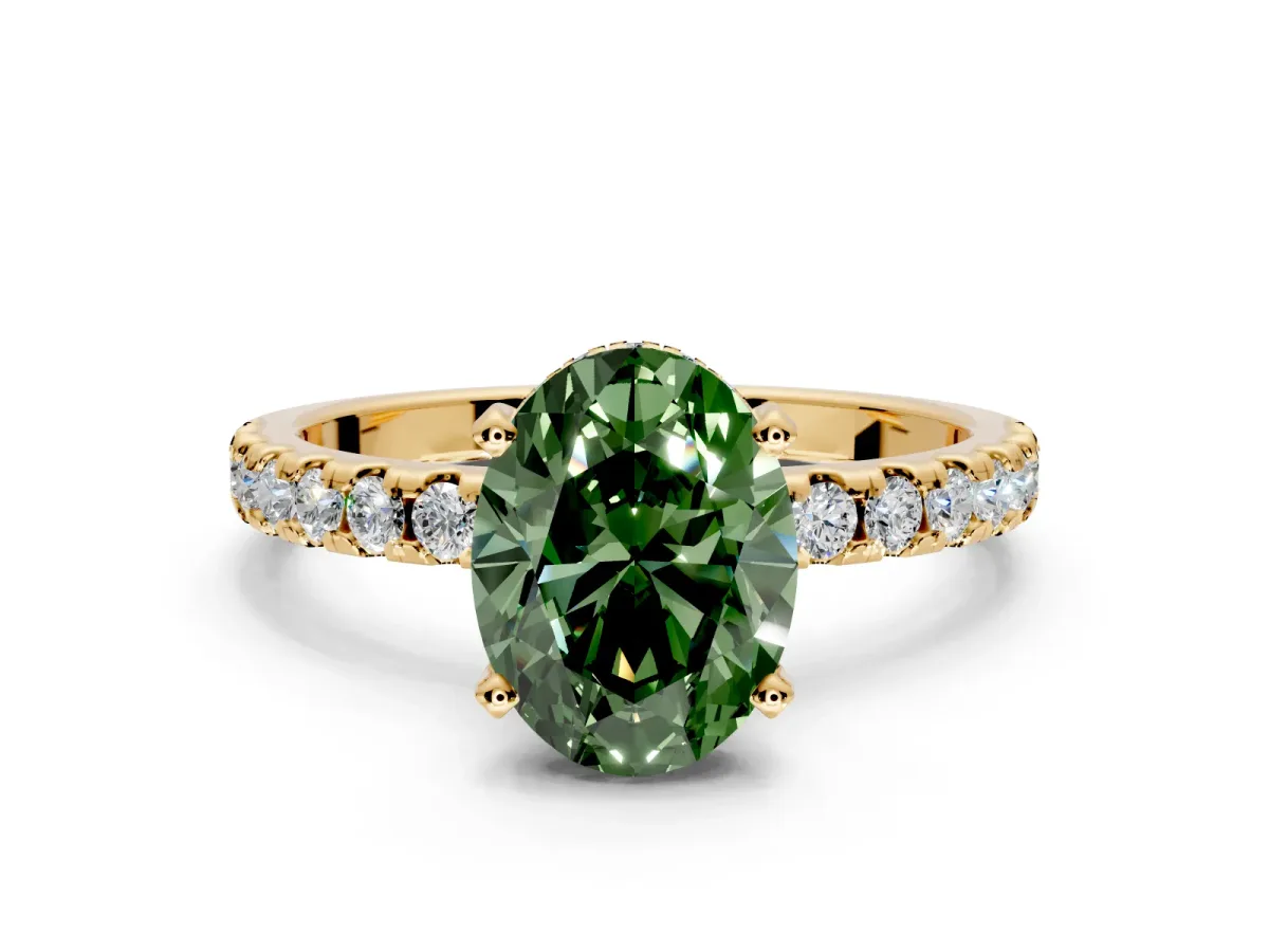 Solitaire Engagement Ring Setting for Fancy Green Oval Center with Band of Accents and Prong Head in Yellow Gold