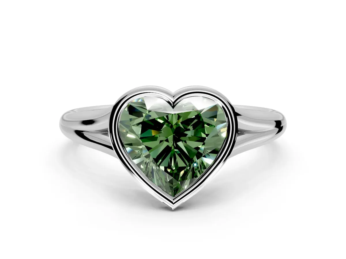 Solitaire Engagement Ring Setting for Fancy Green Heart-Shaped Center with V Split Shank and Bezel Head in Sterling Silver