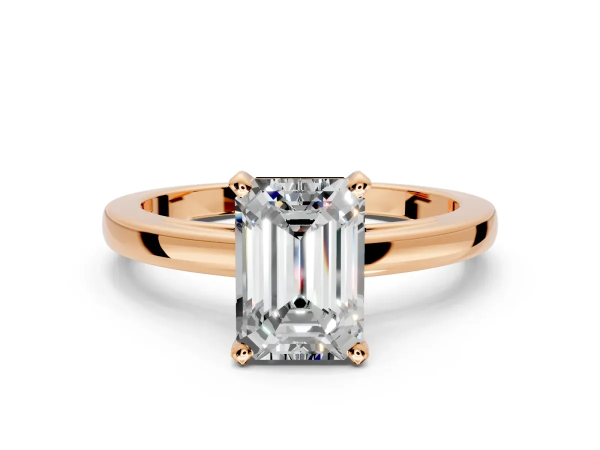 Solitaire Engagement Ring Setting for Emerald Cut Center with Basket Rail and Prong Head in Rose Gold