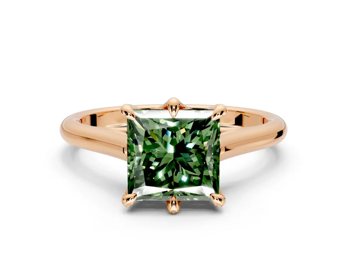 Solitaire Engagement Ring Setting for Fancy Green Princess Cut Center with Cathedral Band and Prong Head in Rose Gold