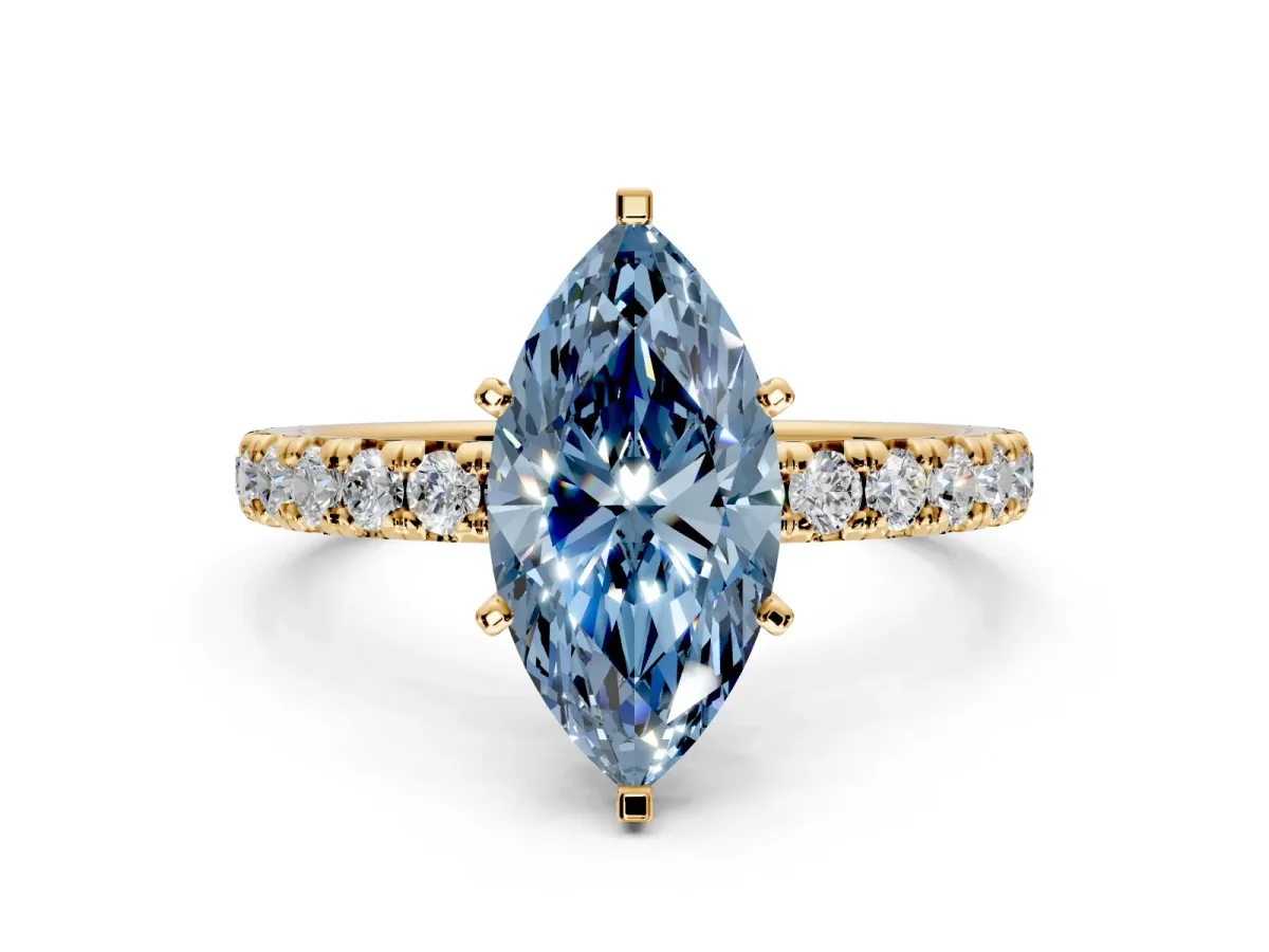Solitaire Engagement Ring Setting for Fancy Blue Marquise Center with Shared-Prong Accents and Prong Head in Yellow Gold