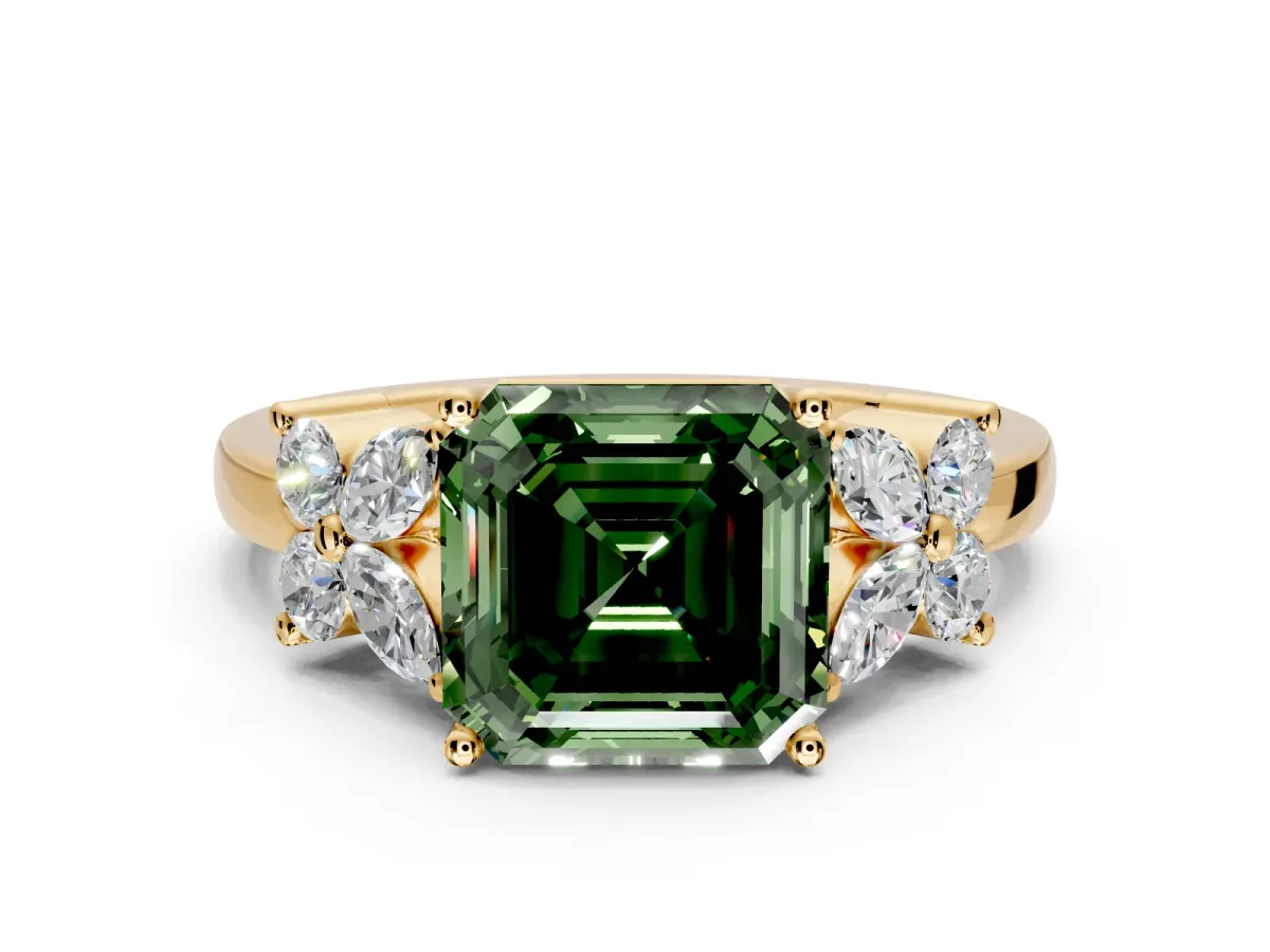 Floral Engagement Ring Setting for Fancy Green Asscher Cut Center with Marquise Cluster Shoulders and Prong Head in Yellow Gold