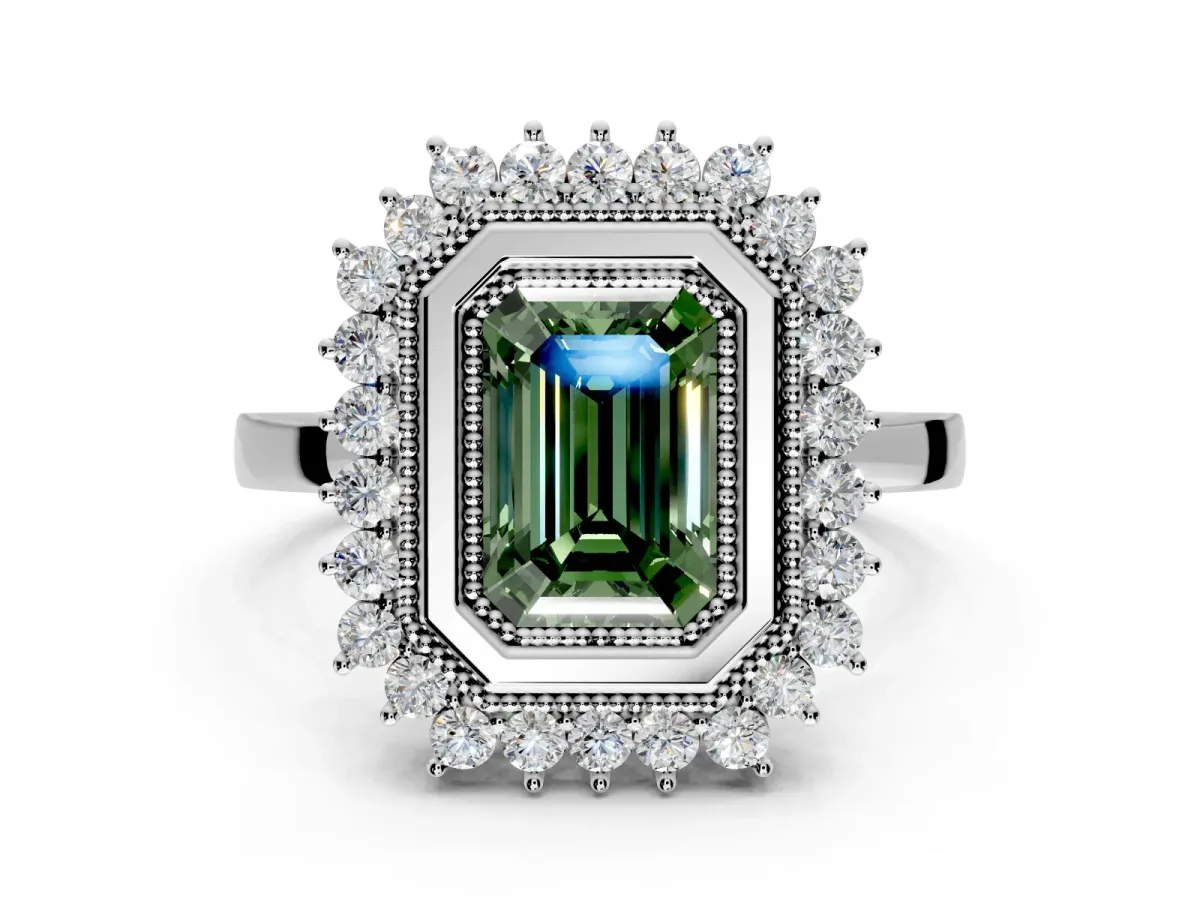 Halo Engagement Ring Setting for Fancy Green Emerald Cut Center with Milgrain Bezel Rim, Plain Band and Prong Head in White Gold