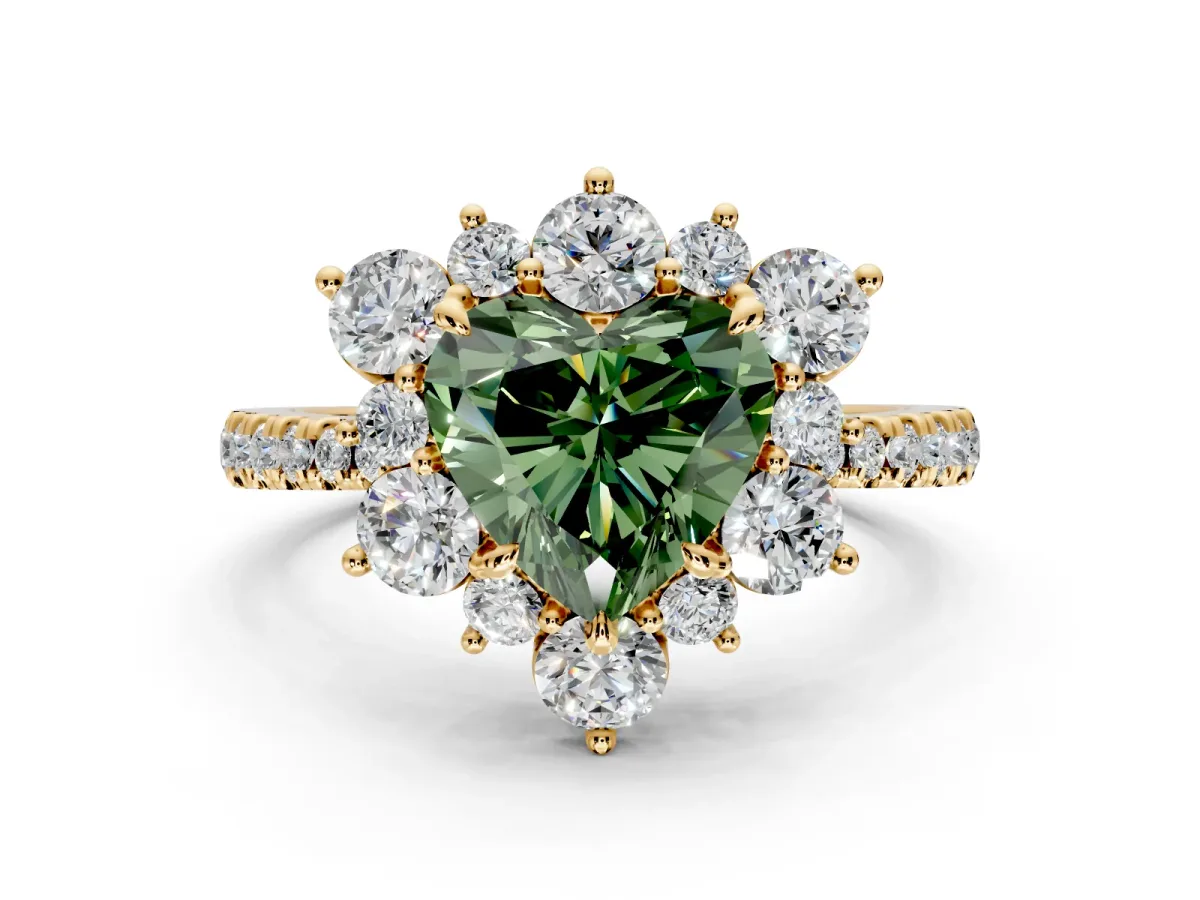 Floral Halo Engagement Ring Setting for Fancy Green Heart-Shaped Center with Pave Accents and Prong Head in Yellow Gold