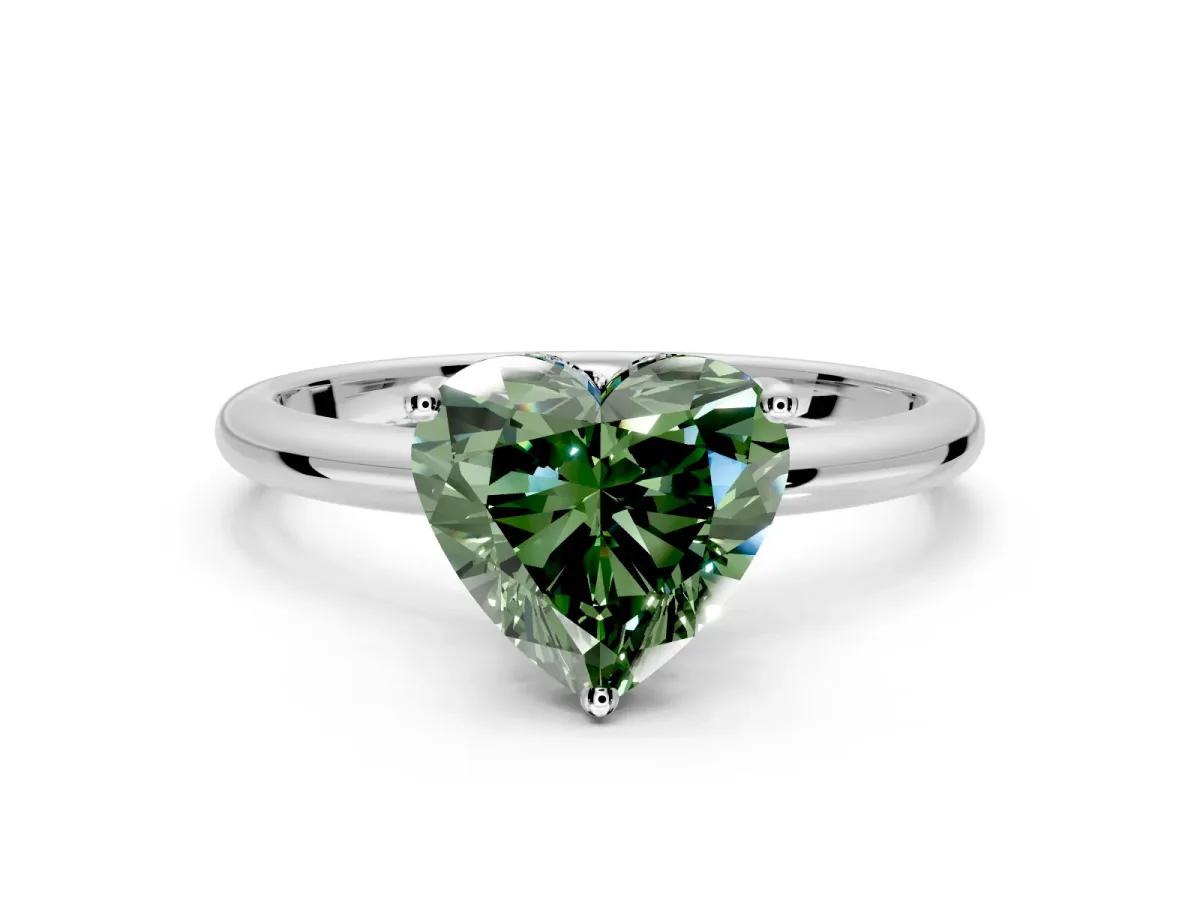 Hidden Halo Engagement Ring Setting for Fancy Green Heart-Shaped Center with Thin Round-Wire Band and Prong Head in White Gold