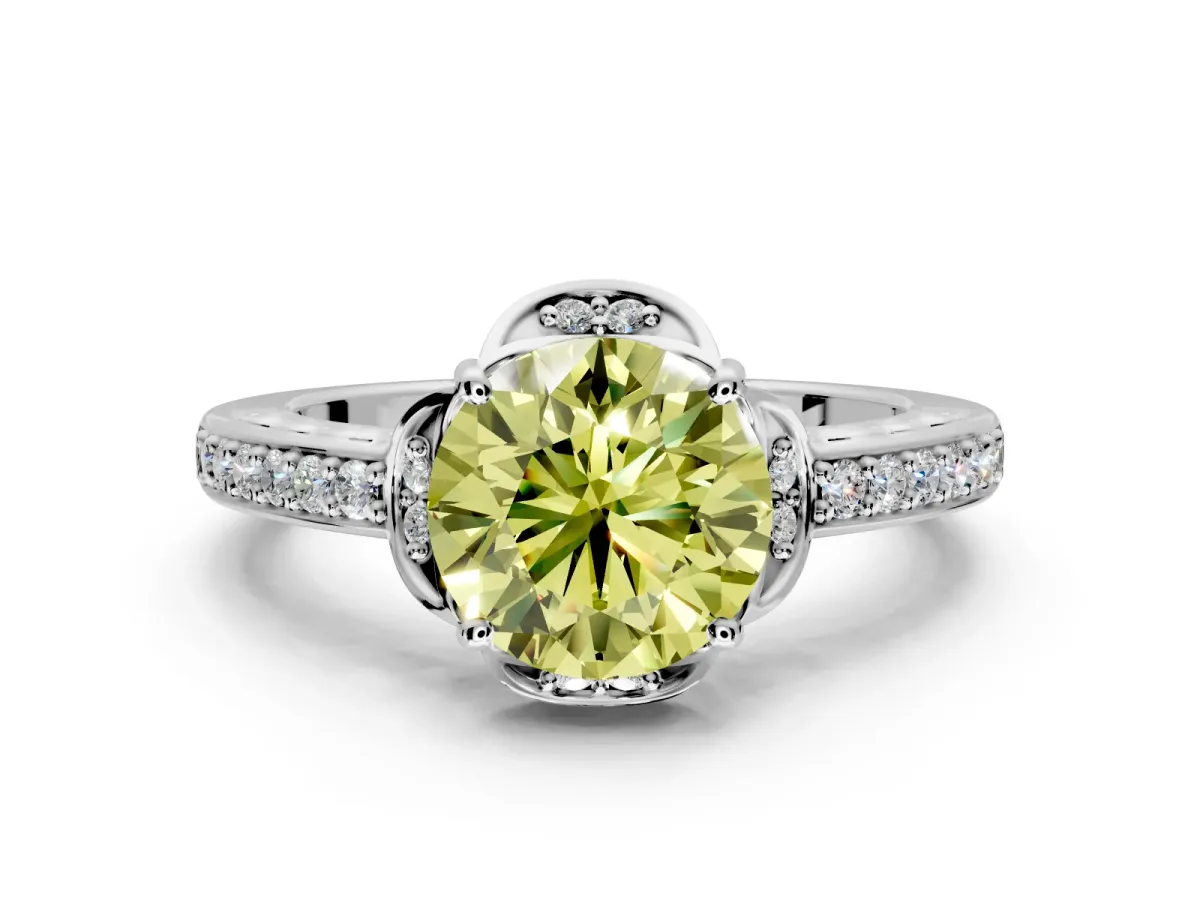 Floral Engagement Ring Setting for Fancy Yellow Round Cut Center with Four Accent Clusters and Prong Head in Sterling Silver