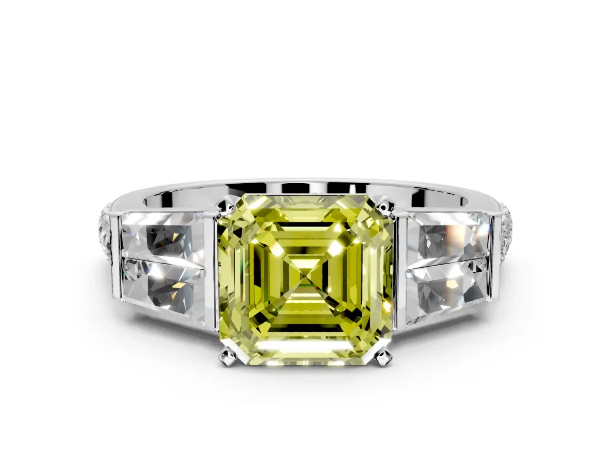 Channel-Set Engagement Ring Setting for Fancy Yellow Asscher Cut Center with Baguette Band and Prong Head in Platinum