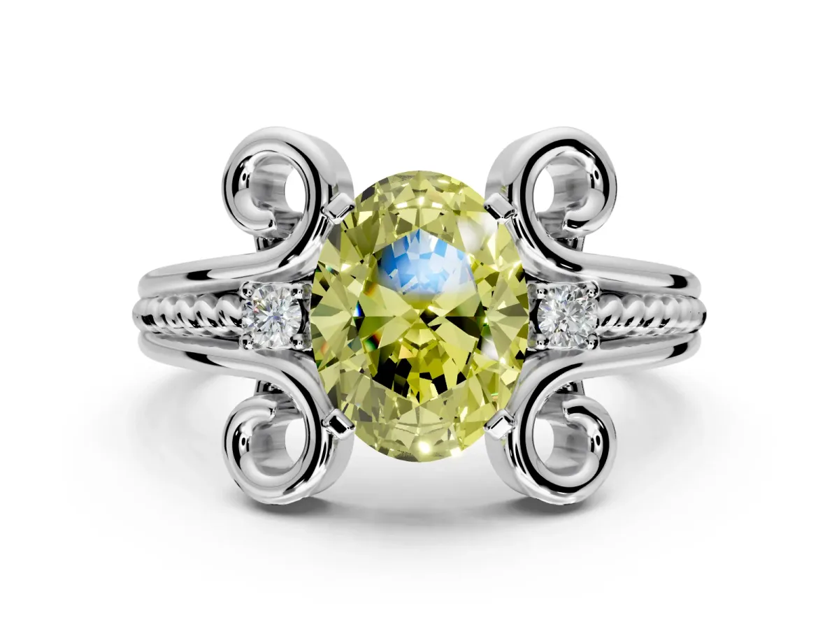 Solitaire Engagement Ring Setting for Fancy Yellow Oval Center with Twisted Band and Scroll Prong Head in Platinum