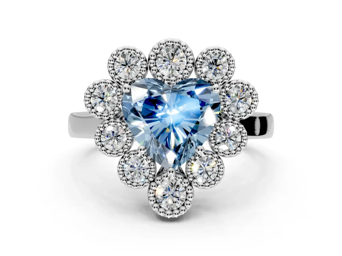 Cluster Halo Engagement Ring Setting for Fancy Blue Heart-Shaped Center with Milgrain Bezel Accents and Prong Head in Platinum