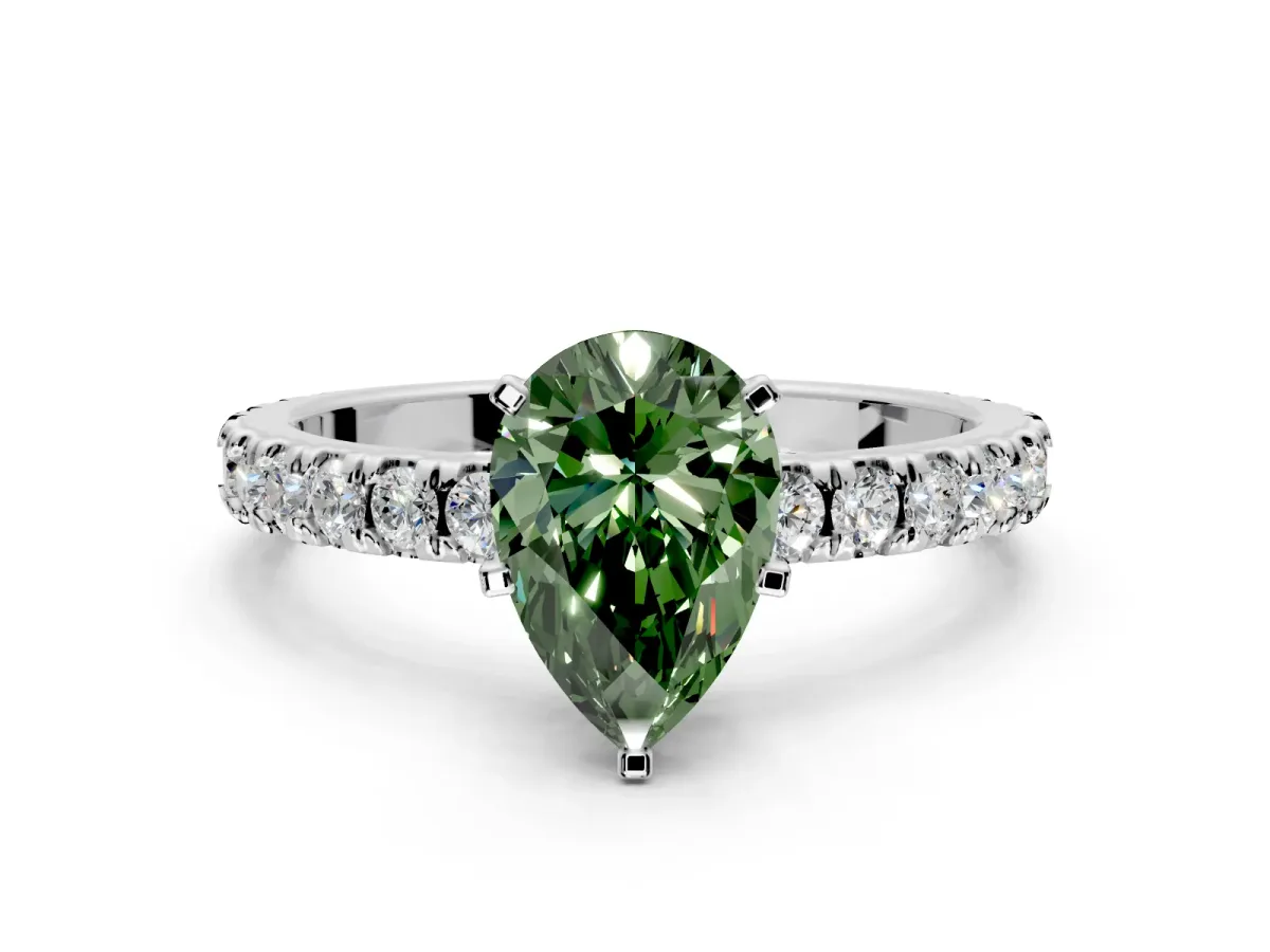Solitaire Engagement Ring Setting for Fancy Green Pear-Shaped Center with Fine Pave Band and Claw Prong Head in Sterling Silver