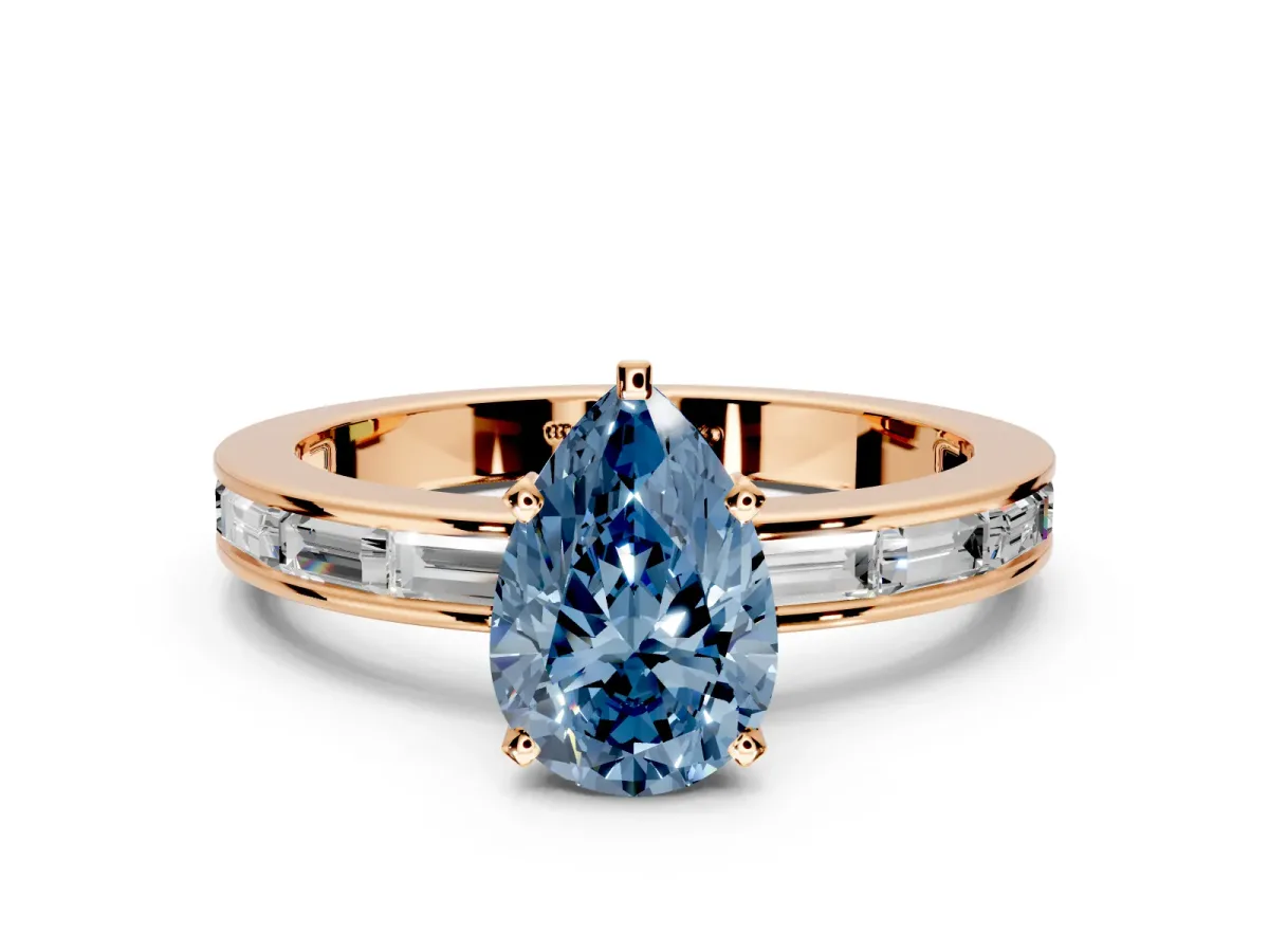 Solitaire Engagement Ring Setting for Fancy Blue Pear-Shaped Center with Channel Baguette Band and Prong Head in Rose Gold