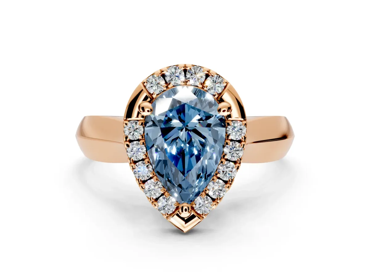 Halo Engagement Ring Setting for Fancy Blue Pear-Shaped Center with Square Band and Prong Head in Rose Gold