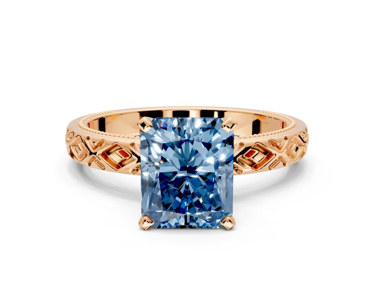 Solitaire Engagement Ring Setting for Fancy Blue Radiant Cut Center with Milgrain X Pattern Band and Prong Head in Rose Gold