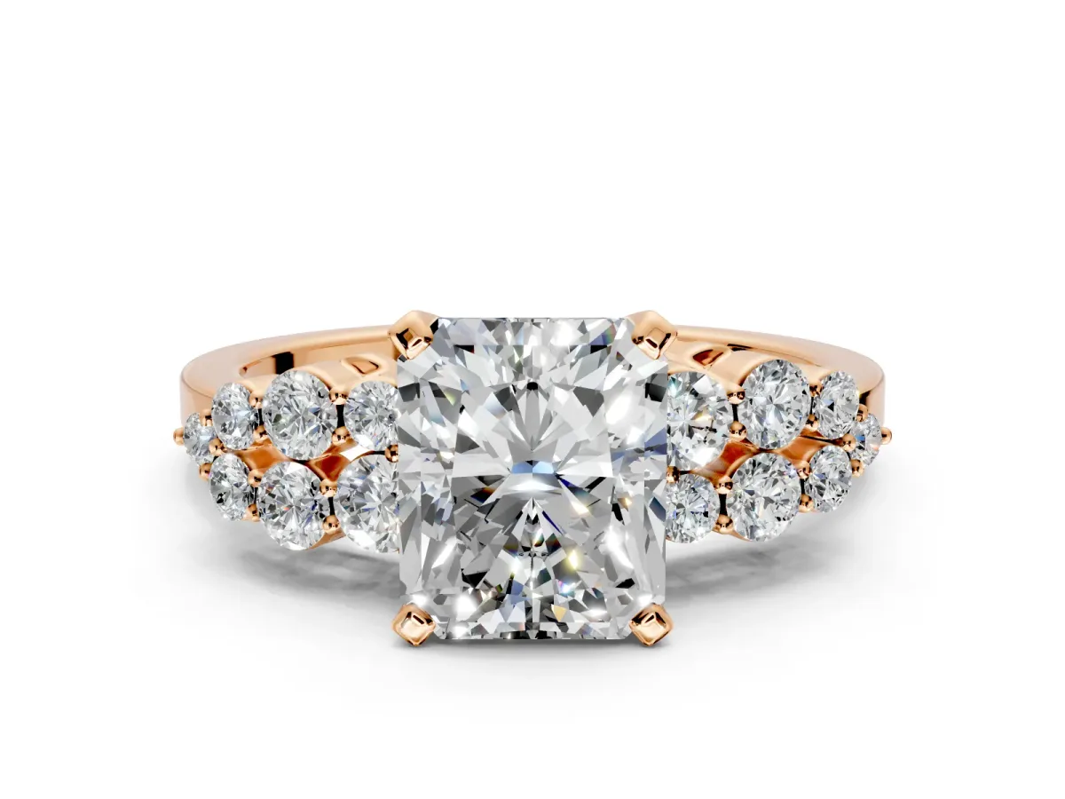 Cluster Engagement Ring Setting for Radiant Cut Center with 2-Row Shoulder Clusters and Prong Head in Rose Gold