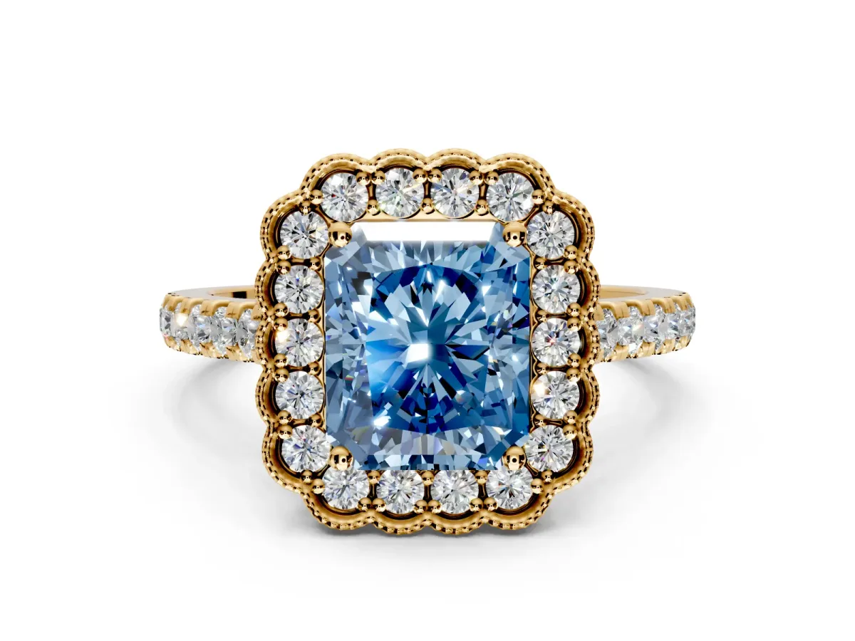 Milgrain Floral Halo Engagement Ring Setting for Fancy Blue Radiant Cut Center with Pave Band and Prong Head in Yellow Gold