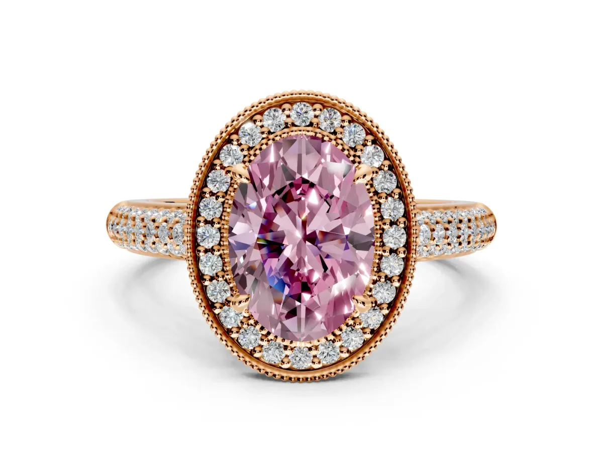 Milgrain Halo Engagement Ring Setting for Fancy Pink Oval Center with Three-Sided Pave Band and Prong Head in Rose Gold