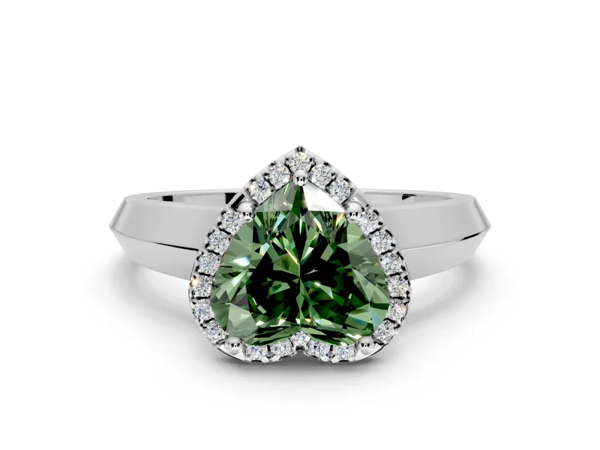 Halo Engagement Ring Setting for Fancy Green Heart-Shaped Center with Knife Ridge Cathedral Band and Prong Head in White Gold