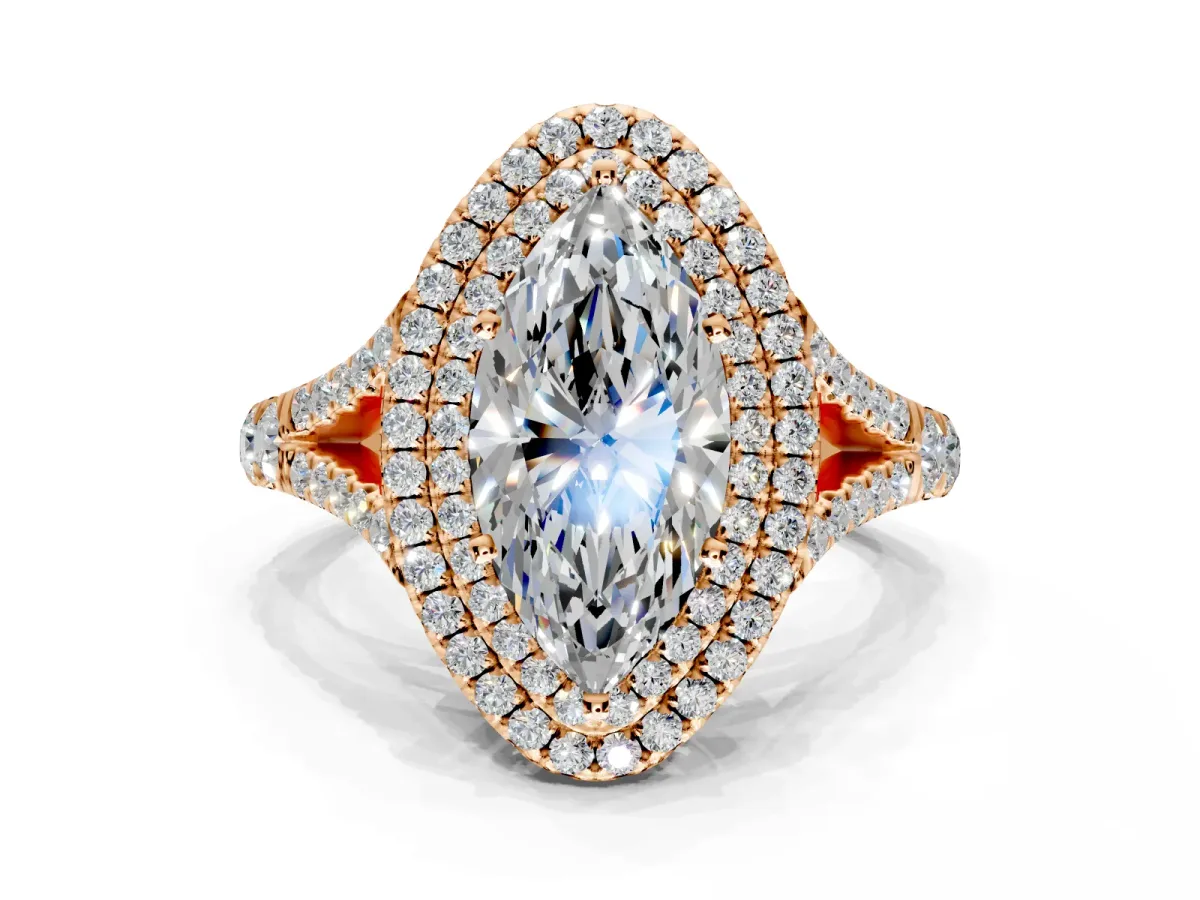 Double Halo Engagement Ring Setting for Marquise Center with Narrow Pave Split Shank and Prong Head in Rose Gold