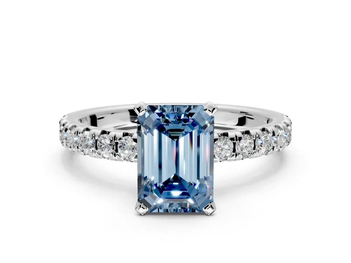 Solitaire Engagement Ring Setting for Fancy Blue Emerald Cut Center with Large Accents and Prong Head in Platinum
