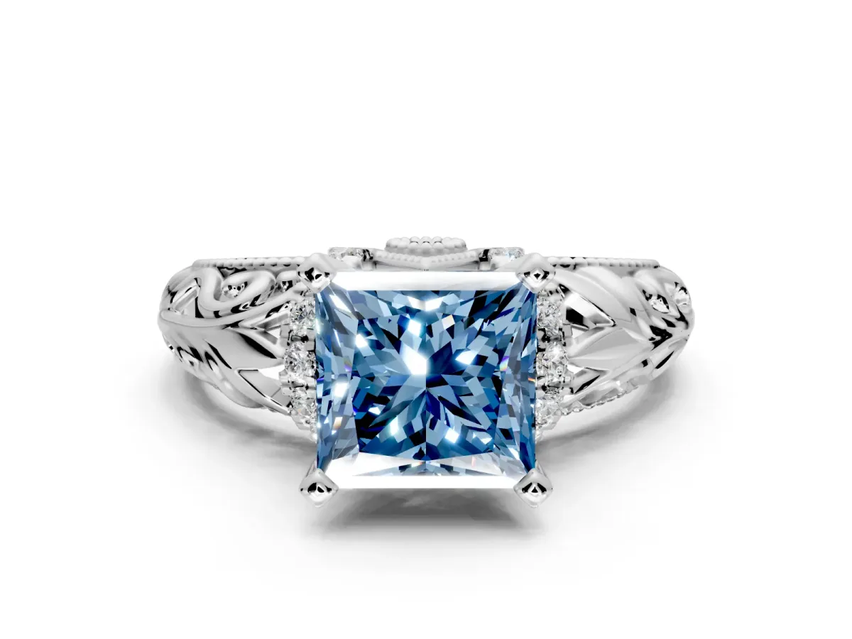 Solitaire Engagement Ring Setting for Fancy Blue Princess Cut Center with Filigree Accent Basket and Prong Head in Sterling Silver