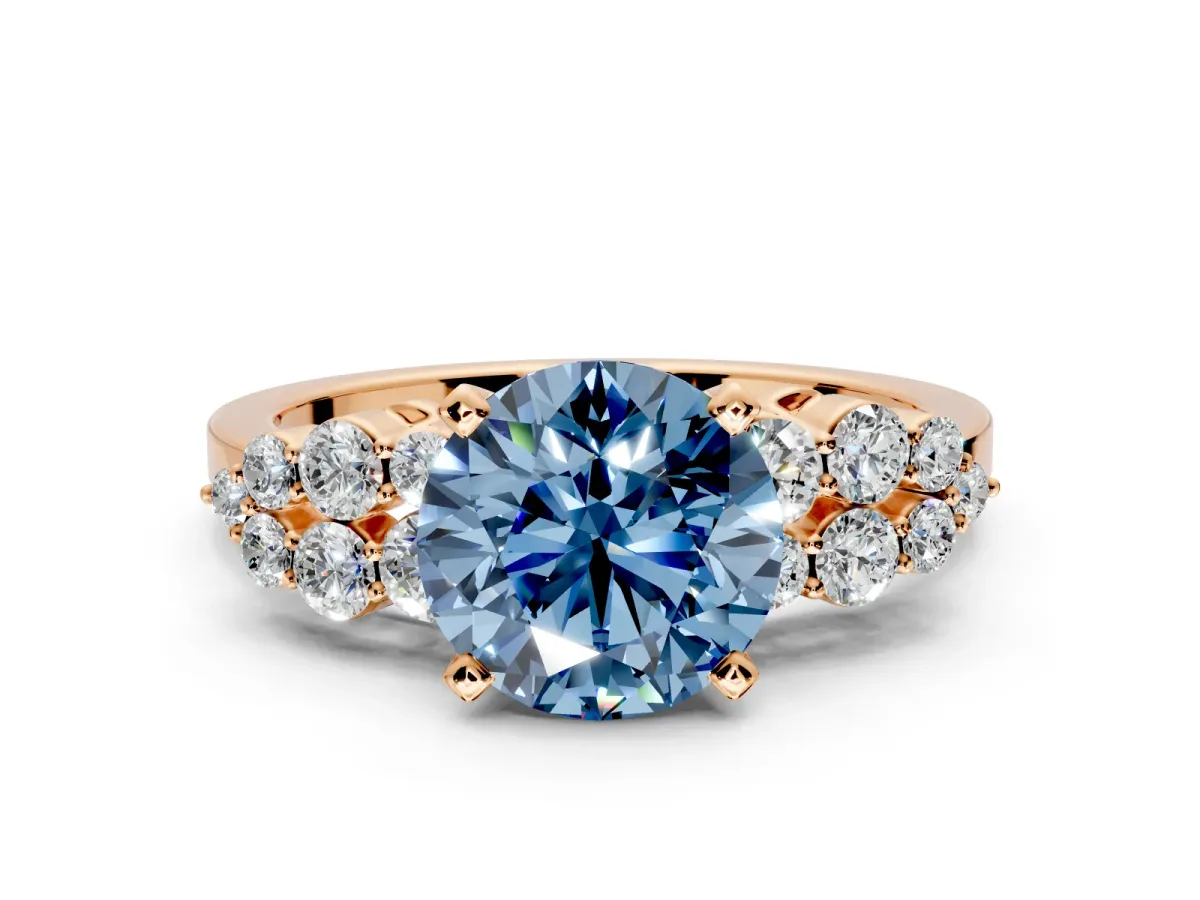 Cluster Engagement Ring Setting for Fancy Blue Round Cut Center with 2-Row Shoulder Clusters and Prong Head in Rose Gold