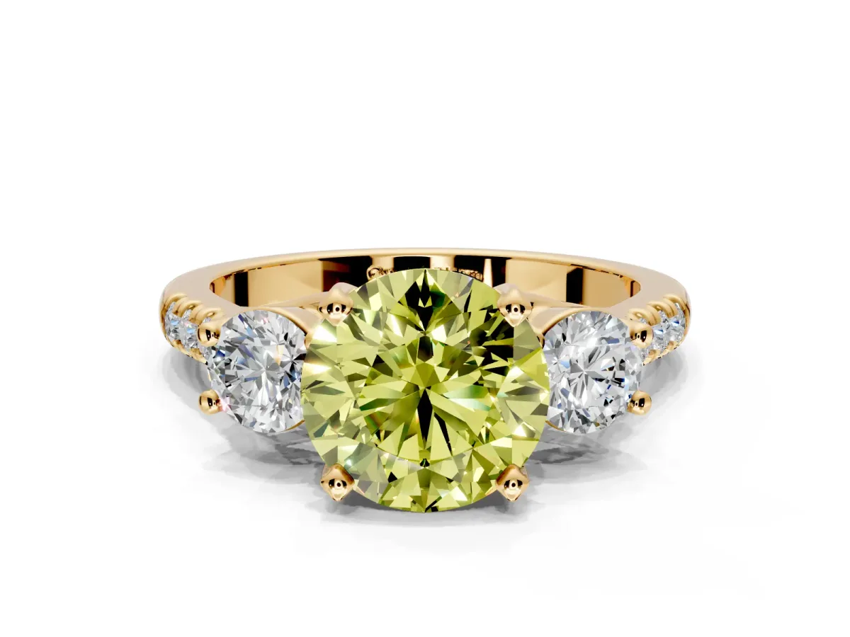 3 Stone Engagement Ring Setting for Fancy Yellow Round Cut Center with Crossover Basket, Pave Band and Prong Head in Yellow Gold
